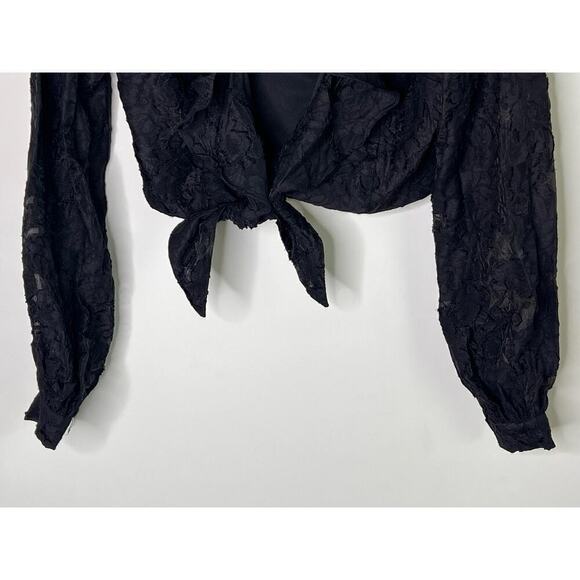 Keepsake Floral Long Sleeve Ruffle Trim Tie Front Crop Top Black Women's Size S - Picture 3 of 8